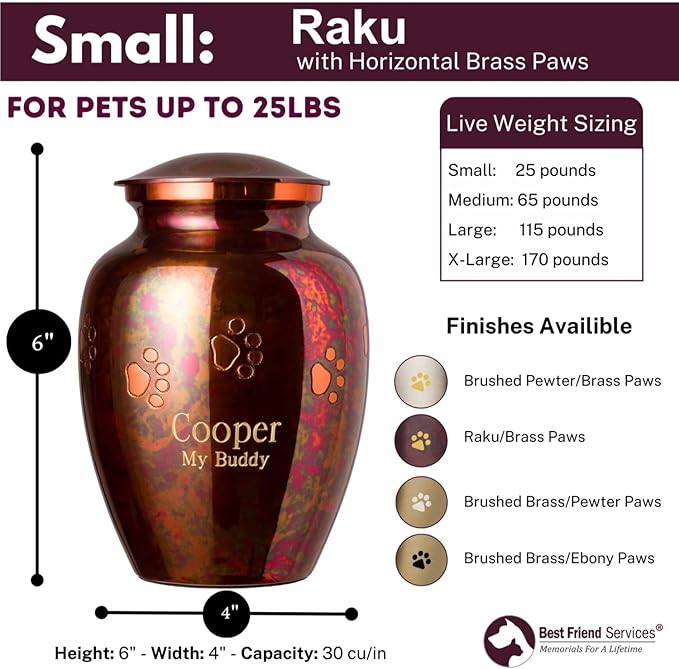 Ottillie Paws Elite Series Personalized Pet Urn for Dogs and Cats - Pet Memorial Urns with Custom Engraving (Raku, Horizontal, Brass, Small)