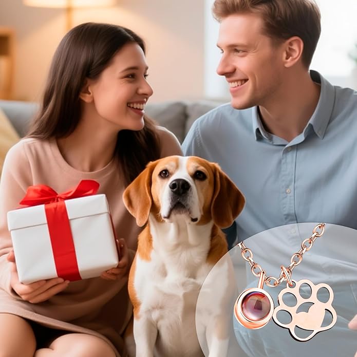 Personalized Picture Necklace with picture inside Custom Projection Necklace Cat/Dog Paw Print Pet Memorial Necklaces for Pet Lovers, Photo Gifts for Anniversary Dog Lovers