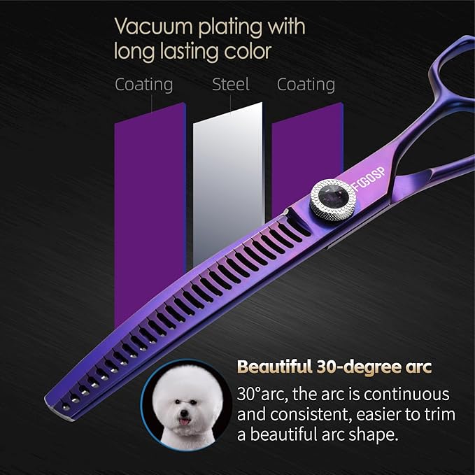 Professional Curved Chunkers Dog Grooming Scissors 7'' Curved Comb Thinning Shears for Dogs Pet 27 Teeth Japan VG10 Sharp and Smooth(7 Curve Chunker, Purpler)