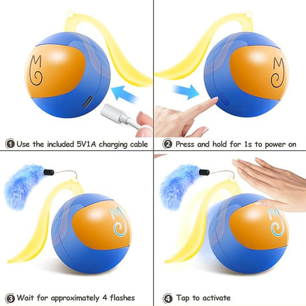 Migipaws Interactive Cat Ball Toy Set, Fun Tracker, Automatic Rolling Chase Ball with Fluffy Tail, A Small Mice, Rechargeable (Blue)