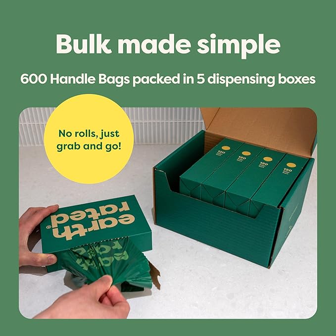 Earth Rated Dog Poop Bags with Handles Value Pack, Easy Tie and Guaranteed Leakproof, Unscented, 600 Handle Bags