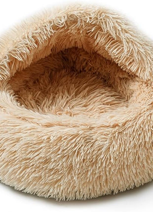 Cat Bed for Indoor Cats, Calming Cozy Cave with Self-Warming Plush, Entire Bed Machine Washable & Anti-Slip Base, Breathable Pet Bed for Small Cats&Dogs All Seasons (Apricot Color, 20 * 20inch)
