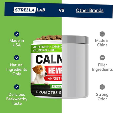 STRELLALAB Vet Formulated Hemp Calming Chews for Dogs - Anxiety Relief Calming Treats - Advanced Melatonin Pet Calm - Natural Sleep Aid & Stress, Separation Anxiety Relief - 120 Treats - Bacon