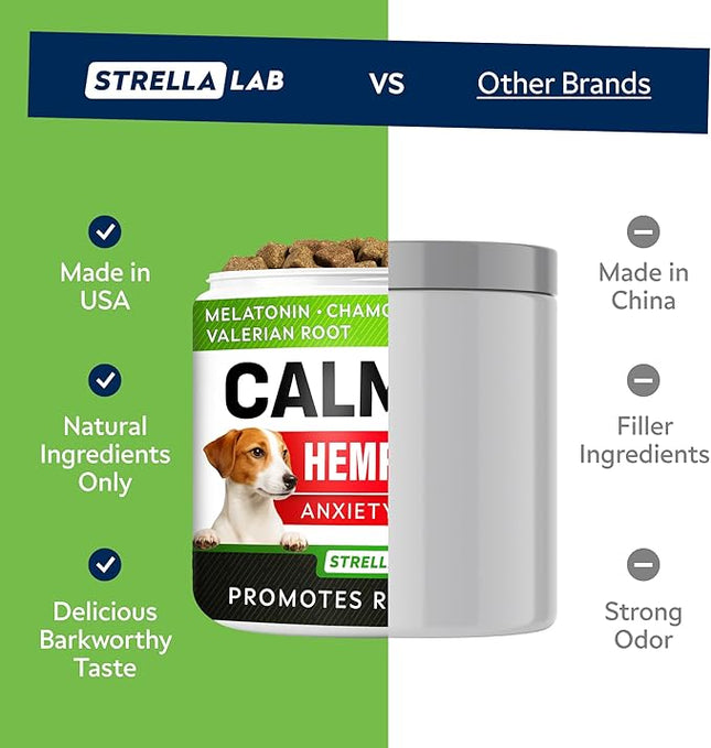 STRELLALAB Vet Formulated Hemp Calming Chews for Dogs - Anxiety Relief Calming Treats - Advanced Melatonin Pet Calm - Natural Sleep Aid & Stress, Separation Anxiety Relief - 120 Treats - Bacon