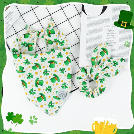 E-Clover St Patricks Day Dog Bandana & Matching Scrunchie Set Cute Girl Dog Scarf Bibs Pet Bandanas with Bow Tie for Small Dogs Puppy Owner Mom Green
