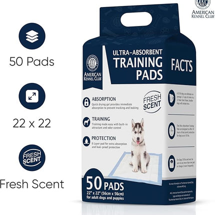 American Kennel Club Scented Puppy Pads –Large Size – 30x26 Ultra Absorbent 6-Layer Pee Pads with Odor Control & Quick-Dry Gel – Fresh Scent – 50 Count (Fresh Scented, 22 x 22 - 50 Count)