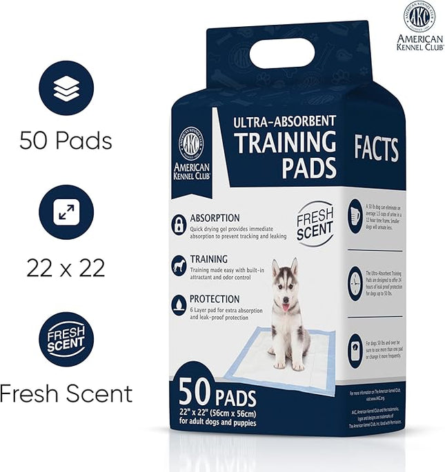 American Kennel Club Scented Puppy Pads –Large Size – 30x26 Ultra Absorbent 6-Layer Pee Pads with Odor Control & Quick-Dry Gel – Fresh Scent – 50 Count (Fresh Scented, 22 x 22 - 50 Count)