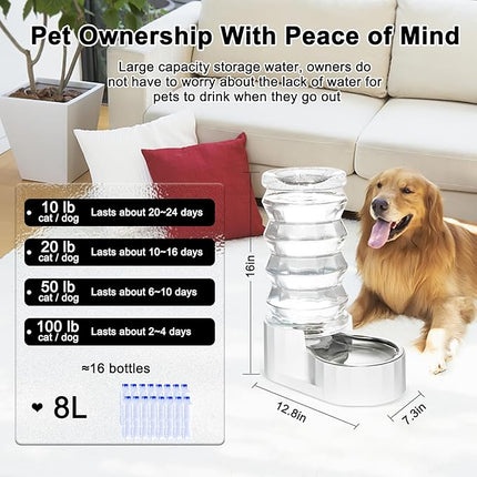 RIZZARI Large Gravity Water Dispenser: 8L Automatic Stainless Steel Dog Water Feeder with Specialized Brush and Triple Filter for Senior Pets with Spinal Problems - for Kitchen Living Room