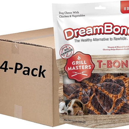 DreamBone Grill Masters T-Bones, Small, Rawhide-Free Chews for Dogs (1 CASE of 24 Individual Packs of 8 Count)