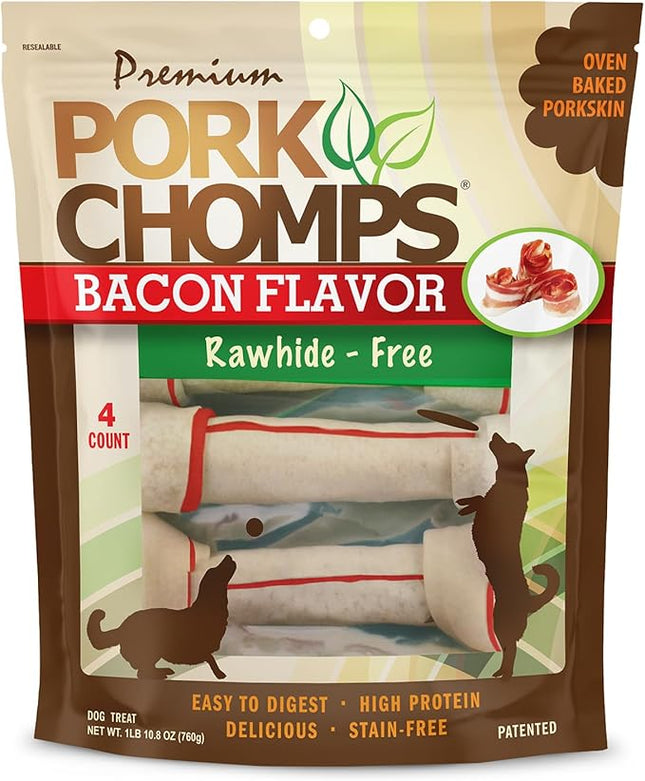 Pork Chomps Baked Pork Skin Dog Chews, 11-inch Knots, Bacon Flavor Strip, 4 Count
