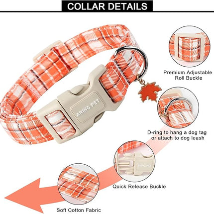 ARING PET Fall Dog Collars, Cute Orange White Plaid Halloween Autumn Pumpkin Maple Leaves Pet Collar with Quick Release Buckle for Small Medium Large Girl Boy Dogs-L
