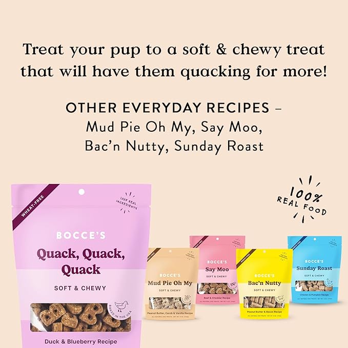 Bocce's Bakery Oven Baked Quack Quack Quack Dog Treats - All-Natural, Real Ingredient, Wheat-Free Soft & Chewy Cookies - Baked in The USA, Peanut Butter & Banana Flavor, 6 oz