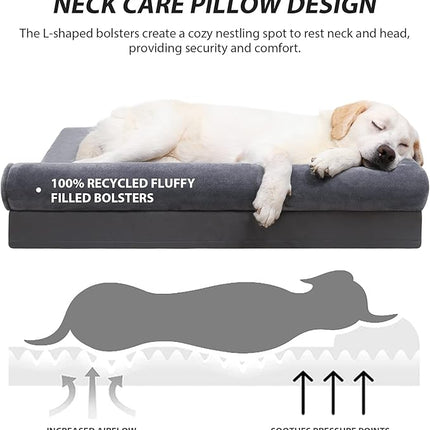 KSIIA Orthopedic Dog Bed - Waterproof for Large Dogs, Flannel Bolster Couch With Egg Crate Foam, Removable Washable Cover & Nonskid Bottom, 36 x 27 Inch, Gray