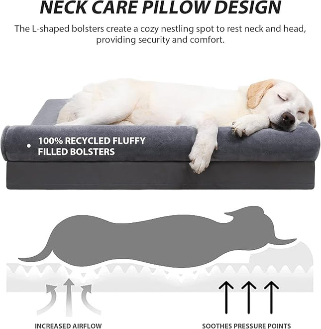 KSIIA Orthopedic Dog Bed - Waterproof for Large Dogs, Flannel Bolster Couch With Egg Crate Foam, Removable Washable Cover & Nonskid Bottom, 36 x 27 Inch, Gray
