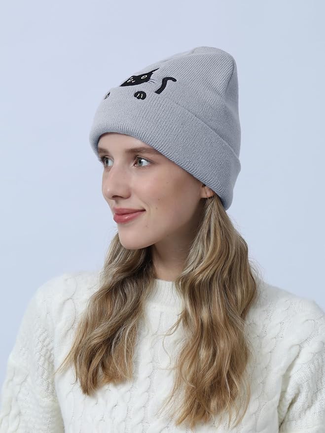 Women’s Cat Beanie Cute Cat Lover Gifts Animal Knitted Hats Christmas Stocking Stuffers for Women Girls