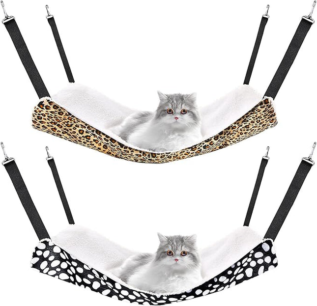 Jetec 2 Pieces Reversible Cat Hanging Hammock Soft Breathable Pet Cage Hammock with Adjustable Straps and Metal Hooks Double Sided Hanging Bed for Small Dogs Rabbits(Leopard and Dot,M)