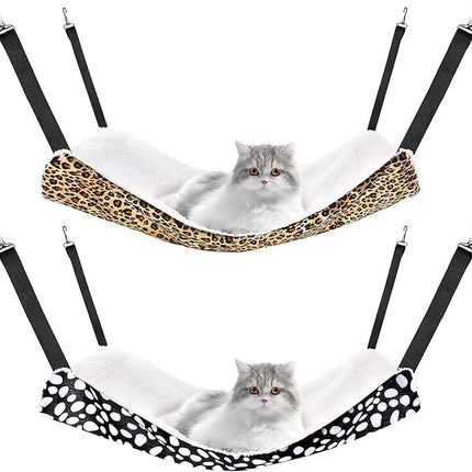 2 Pieces Reversible Cat Hanging Hammock Soft Breathable Pet Cage Hammock with Adjustable Straps and Metal Hooks Double Sided Hanging Bed for Small Dogs Rabbits(Leopard and Dot,S)