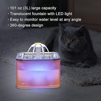 Crystal Cat Water Fountain Stainless Steel with 4 Filters and 4 Sponges, 101oz/3L Pet Fountain with LED Light for Cats and Dogs (Orange)