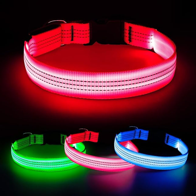 Light Up Dog Collar, USB Rechargeable Reflective LED Pet Collar Adjustable High Visibility Doggie Necklace Lights for Night Walking (Pink, Large)