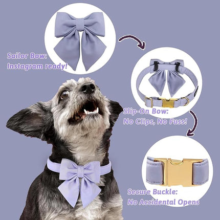 Maca Bates Violet Dog Collar with Cute Lavender Solid Sailor Bow Tie,Extra Large Girl Boy Dogs,Girly Adjustbale Durable Breakaway Soft Collars with Bowtie for Female Male Puppy,Pet with Metal Buckle