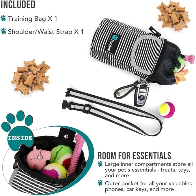 PetAmi Dog Treat Pouch, Large Pet Training Treat Pouch with Pocket, Dog Trainer Essentials Supply Holder with Poop Bag Dispenser, Training Bag for Kibbles Toys, 3 Ways to Wear (Stripe Black)