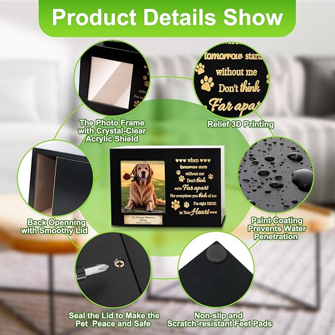 Waterproof Wooden Memorial Pet Keepsake Urn,Crafted Pet Urns for Dog or Cat,Pet Ashes Box with Photo Frame,Poem,Personalized Name Tag&Blank Condolence Card,Flannel Bag Pet Sympathy Remembrance Gift