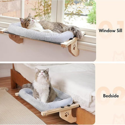 AMOSIJOY Cat Sill Window Perch Sturdy Hammock Window Seat with Cushion Cover, Wood & Metal Frame for Large Cats, Easy to Adjust Cat Bed for Windowsill, Bedside, Drawer and Cabinet (L)