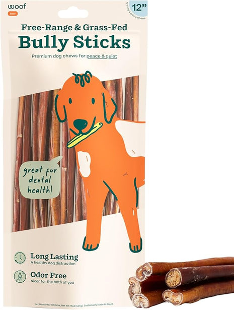 WOOF Bully Sticks Dog Treats - Chew Sticks for Dogs - Long-Lasting Dog Chew Treats - Made with Free-Range, Grass-Fed Beef - 12" Sticks - 10pk