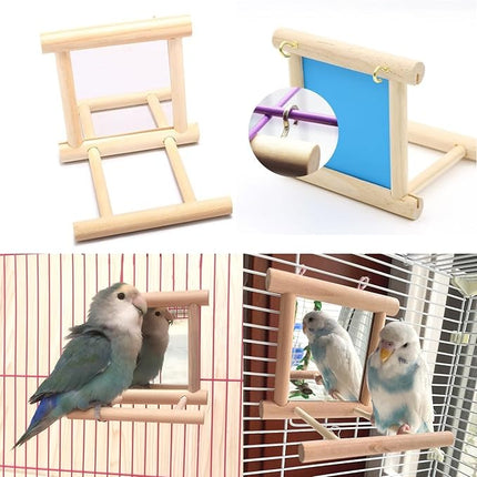 Bird Mirror Parakeet Mirror Perch Stand Wooden Swing Mirror Toy Cage Accessories for Parrots Budgies Parakeets Cockatiels Lovebirds Finches