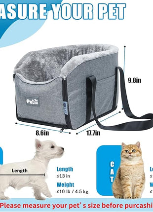Car Seat Booster for Small Dogs and Cats – Portable Pet Travel Bag Under 30lbs, Washable Car Seat with Safety Belt and Storage Pockets (Grey)