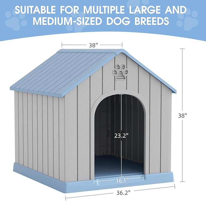 Large Dog House Outdoor Indoor for Medium Large Dogs, Durable Plastic Waterproof Doghouse with Air Vents and Elevated Floor, Easy Clean and Assemble (Classic Blue, 36.2''L×38''W×38''H)