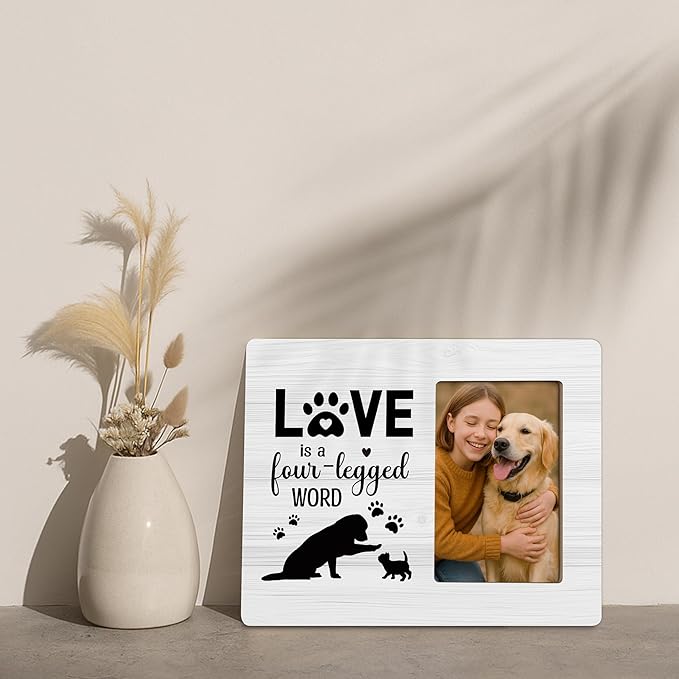 Pet Lover Gifts Picture Frame, Paw Print Photo Frame for Cat Dog, Pet Memorial Gift, Love is a Four-legged Word Frames Fits 4x6 Photo