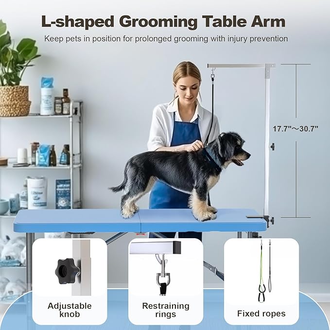 ynhurenth 49'' Pet Grooming Table for Large Dogs, Foldable Professional Grooming Table for Dogs at Home with Double Loops/Adjustable Arm, Capacity up to 330lbs, Blue