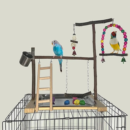Bird Playground Parrot Playstand Parakeet Gym Playpen Cockatiel Play Stand Wood Perch Exercise Activity Center Ladders Feeder Cups Cage Accessories Swing Chew Toys for Cockatoo Budgie Lovebird Finch
