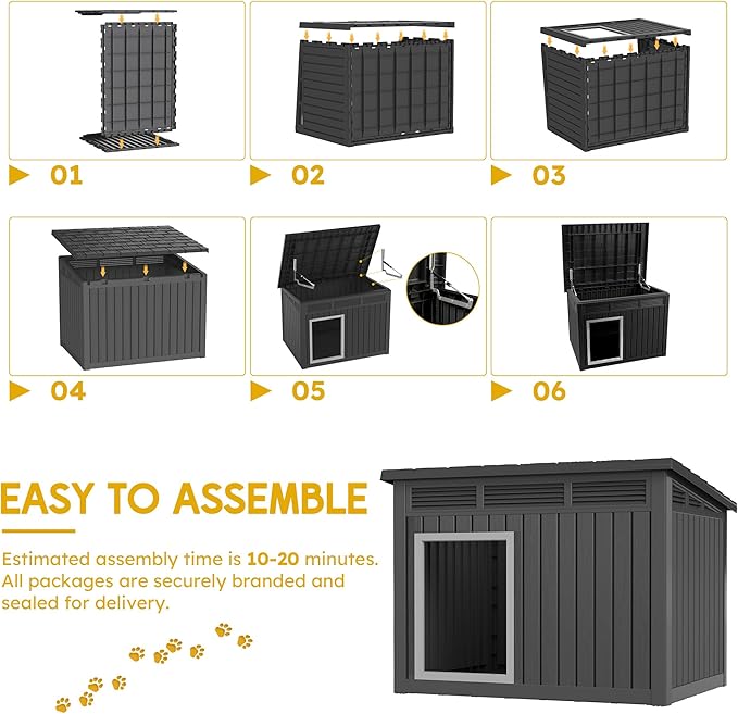 Large Chicken House Outdoor Indoor for Medium Large Dogs, Durable Plastic Waterproof Chicken House with Air Vents and Elevated Floor, Easy Clean and Assemble (Black, 42.8" L x 33" W x 31.5" H)