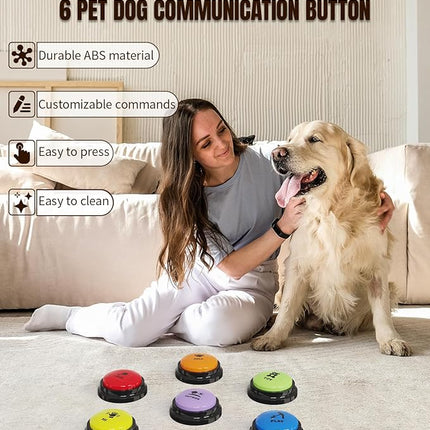 6 Pcs Dog Buttons for Communication Pet Training Buzzer, 30 Second Voice Recording Button, Dog Talking Button Set with 6 Color Anti-Slip Mat and 48 Scene Stickers