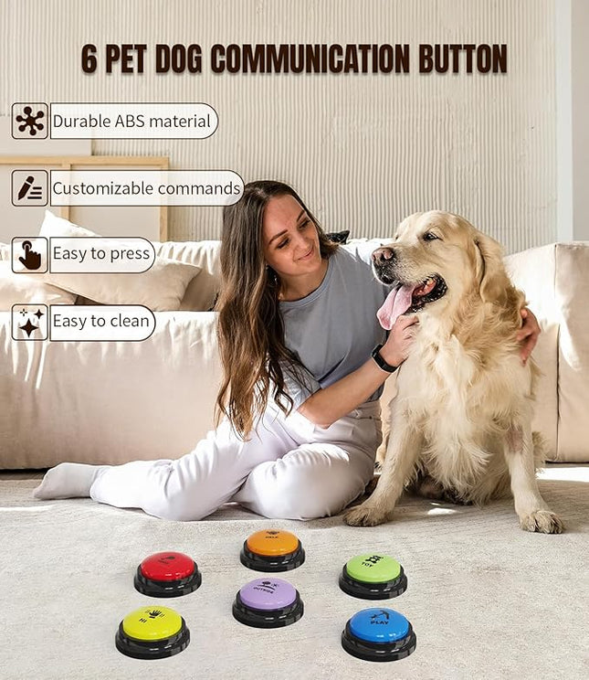 6 Pcs Dog Buttons for Communication Pet Training Buzzer, 30 Second Voice Recording Button, Dog Talking Button Set with 6 Color Anti-Slip Mat and 48 Scene Stickers