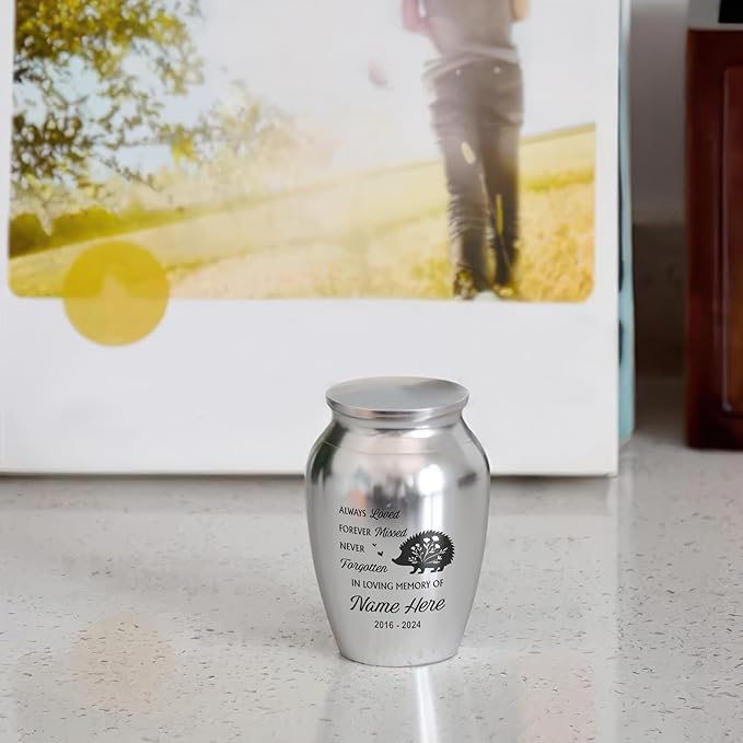 Artsy Woodsy Personalized Hedgehog Pet Memorial Cremation Mini Urn, Decorative Keepsake Small Urns for Ashes 2.56 inch, Remembrance Gifts for Pet Lovers in Loving Memory (03, 2.56x1.77)