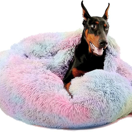 Himax Dog Beds for Large Dogs, Donut Dogs Beds with Blanket Attached, Calming Round Dog Bed Washable(20"/26"/35") Multicolor