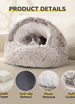 CATISM Plush Hooded Cat Bed, Calming Nest, Self-Warming Cave, Cozy Pod for Indoor Cats or Small Dogs, Removable Washable Cove With Non-Slip Bottom