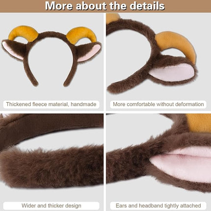 Beviliu Goat Ears Headband with Ram Horns, Animals Ears and Horns Headband, Sheep Ears Custome Lamb Ears Headwear for Halloween Christmas Birthday Party Theme Cosplay, Brown, 1Pack