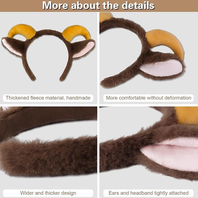 Beviliu Goat Ears Headband with Ram Horns, Animals Ears and Horns Headband, Sheep Ears Custome Lamb Ears Headwear for Halloween Christmas Birthday Party Theme Cosplay, Brown, 1Pack