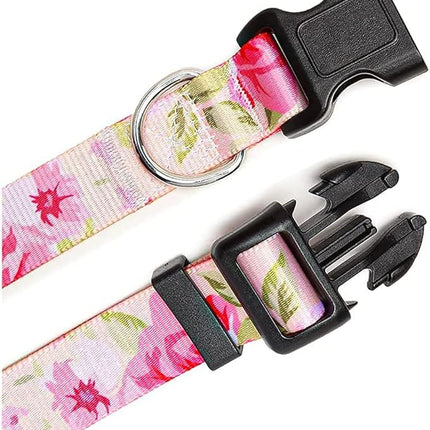 Dog Collar and Leash Set with Bohemia Floral Tribal Geometric Patterns - Soft Ethnic Style Collar Adjustable for Small Medium Large Dogs(Pink Rose Set,XS)