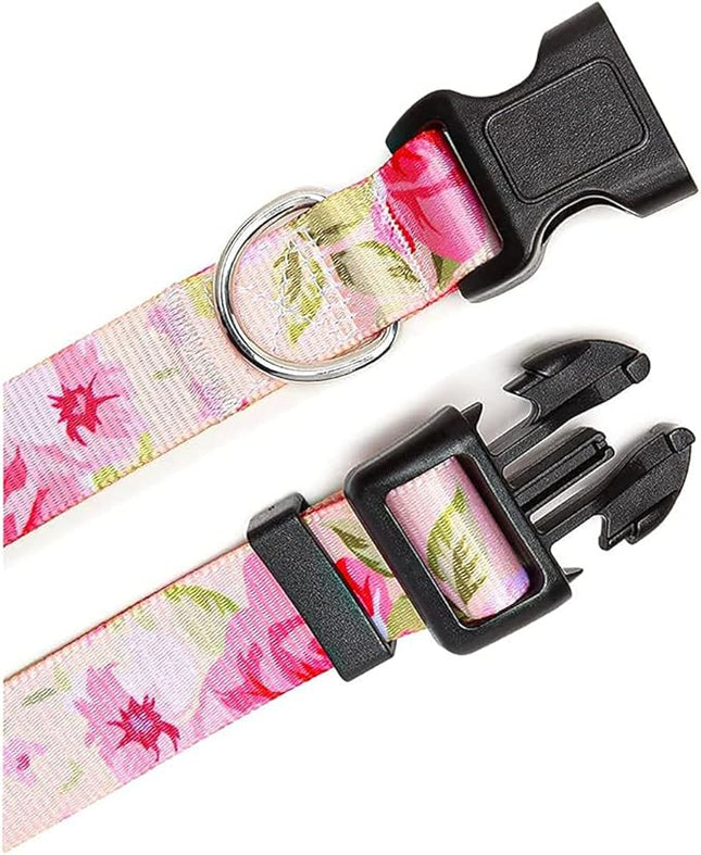 Dog Collar and Leash Set with Bohemia Floral Tribal Geometric Patterns - Soft Ethnic Style Collar Adjustable for Small Medium Large Dogs(Pink Rose Set,XS)