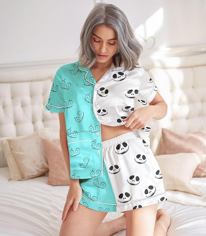 Women’s Silk Satin Pajama Set, Short Sleeve Button Down 2 Piece PJs with Shorts, Cozy Loungewear & Matching Holiday Pajamas