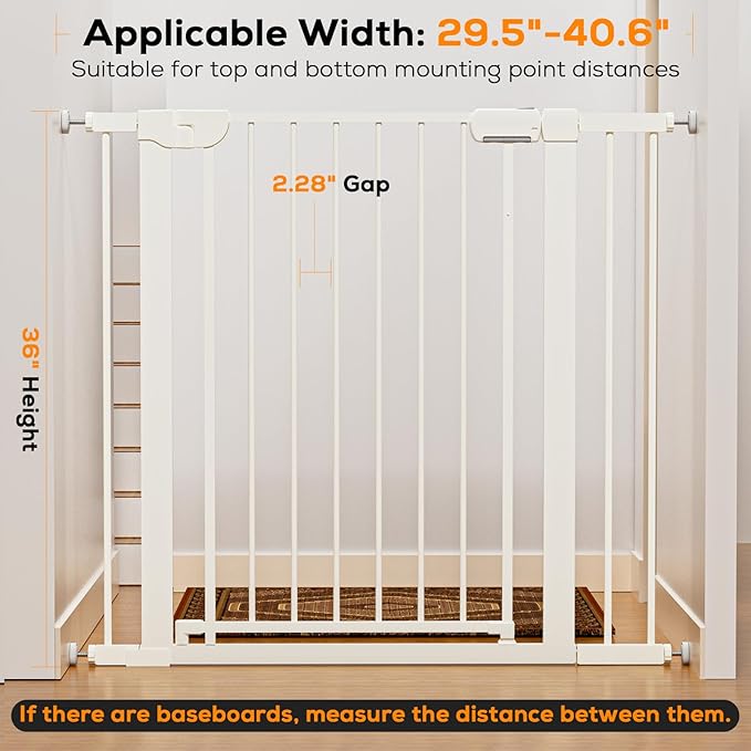 29.5-40.6" Baby Gate for Stairs, Baby Safety Essentials, Auto Close Gate for Doorways, Easy Install Pressure Mounted Dog Gate Indoor, Pet Gates for Dogs, White
