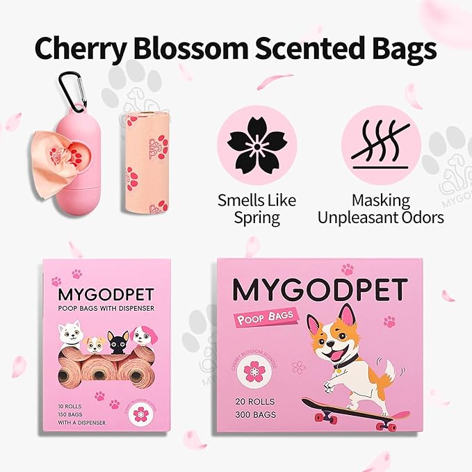 Dog Poop Bags Rolls with Dispenser 150 Count Biodegradable Poop Bags for Dog and Cat Cherry Blossom Scented Waste Bag Leak Proof Doggie Poop Bag Doggy Trash Bag Pink