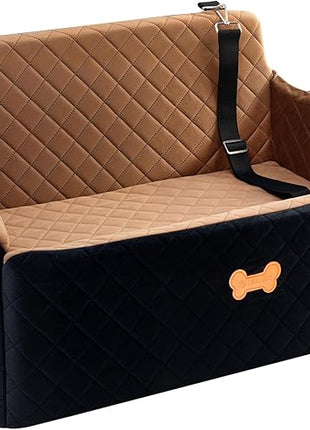 Car Seat for Large Size Dog, Booster Seat for Dogs Under 55 lbs or 2 Small Dogs, Soft Car Dog Bed Filling in Thick Memory Foam with 2 Safety Leashes and Storage Pocket (Brown/Black)