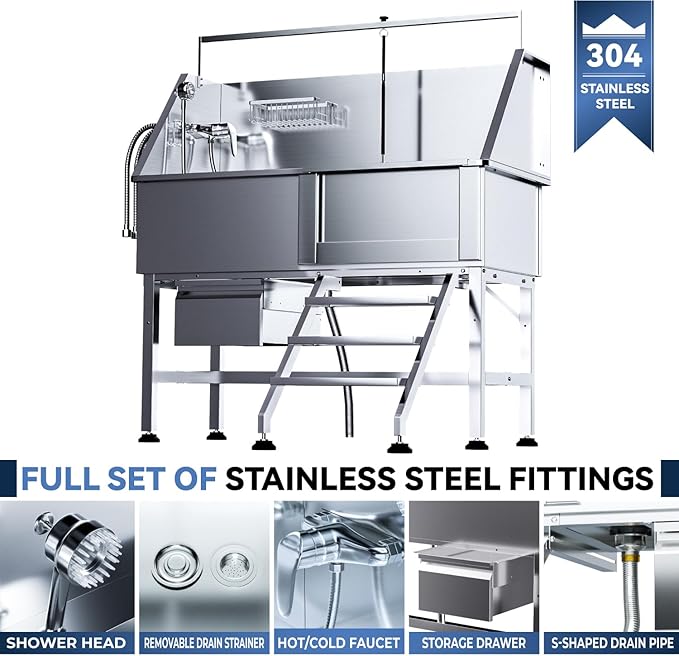 46" Dog Washing Station for Home,Stainless Steel Professional Dog Bathing Station Height Adjustable D og Grooming Tub Ramp, Drawer, Floor Grate & Fauct (R Stair)