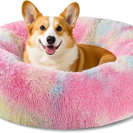 Dog Calming Beds for Small Medium Large Dogs - Round Donut Washable Puppy Dog Bed, Anti-Slip Faux Fur Fluffy Donut Cuddle Anxiety Cat Pet Bed(28'' Color)